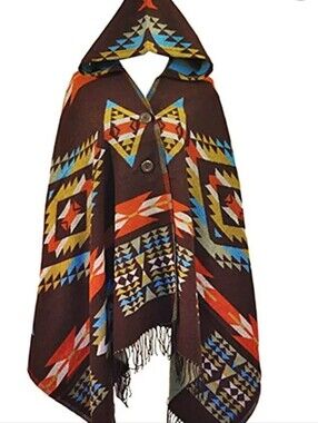 Hooded Southwestern Poncho — Brown with Turquoise & Orange